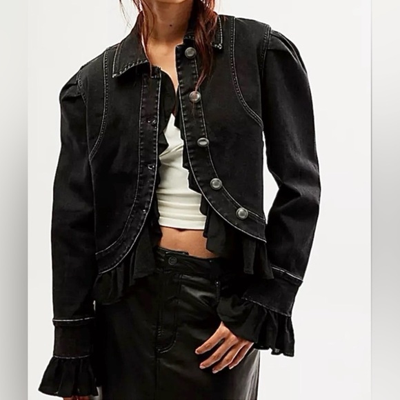 Free People Jackets & Blazers - NWT Free People Suki Ruffled Details Denim Jacket Size M